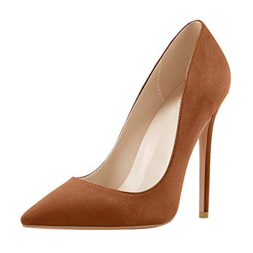 Image of Richealnana Women's Fashion Pointed Toe Plus Big Size Sexy Stiletto Heel Pumps Party Prom Shoes Faux Suede Brown Size 15