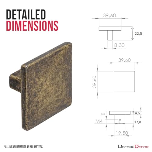 Decoranddecor Calla Square Cabinet Knob Door Pull Handle Kitchen Cupboard Furniture Drawer (1 Pack, Antique Brass)