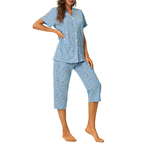 Image of Tugege Capri Pajamas Set Womens Button Down Short Sleeve Lounge Sets Sleepwear Notch Collar Top & Capri 2 Piece PJ Sets