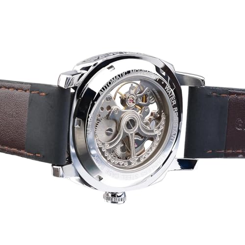 Image of FORSINING Fancy Watches for Men, Square Retro Mechanical Watch Self-Wind Carved, Gear Movement Golden Skeleton Automatic Watches Vintage Leather Strap Wrist Watch