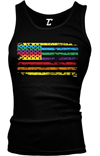 Rainbow American Flag - Gay Pride LGBTQ Juniors Tank Top (Black, Medium)