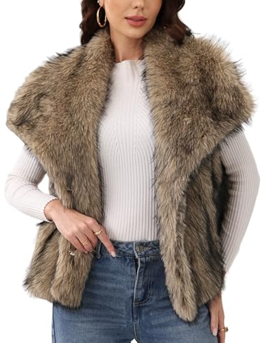Gihuo Women' s Faux Fur Vest Lapel Collar Sleeveless Furry Jacket Shaggy Jackets Warm Outerwear(Brown-S)