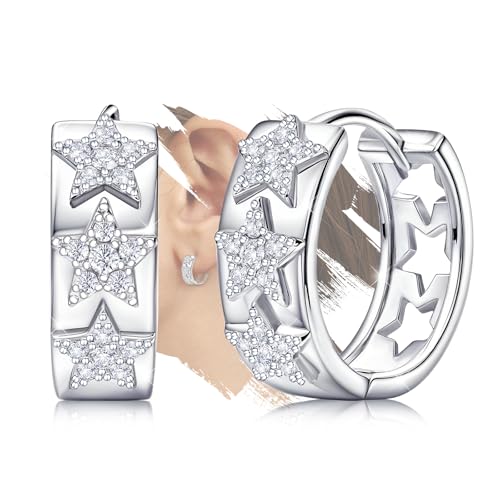 Star Earrings for Teen Girls Women - Sterling Silver Stars Hoop Earrings Hypoallergenic Cubic Zirconia Star Shaped Earrings Lightweight Loop Earrings Gifts for Daughter Granddaughter Niece Christmas