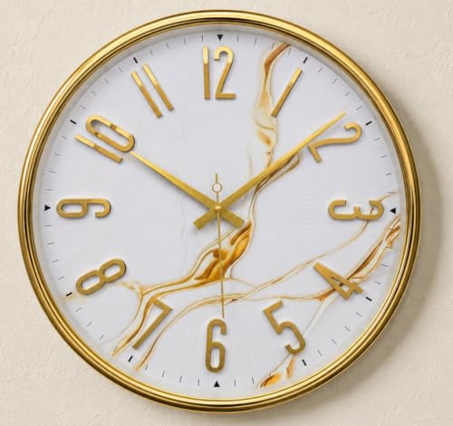 Image of Designer Wall Clock 13.5 Inch for Living Room Stylish Gear Design Seconds Needle (White Marble)