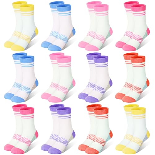 12 Pairs Girls Socks Kids Toddler Crew Socks Girls Athletic Sock Kid School Sock for 2-14 Years