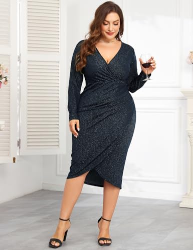 Image of ZOMVA Plus Size 0X-4X Sparkly Glitter Ruched Bodycon Midi Dress Sparkle Sequin Wrap Long Sleeve Dress Cocktail Party Formal