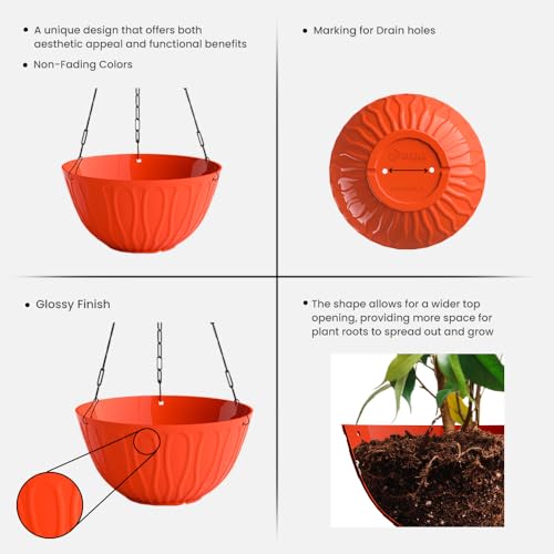 Image of YUCCABE ITALIA SHERA Hanging Wave 8 Inch Plastic Flower Pot for Plant Pack of 3 Pcs Round Shape Hanging Pot for Balcony Railing Planters for Indoor and Outdoor Garden (Red)