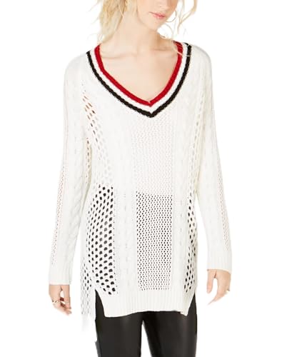 Ultra Flirt by Ikeddi Juniors Pointelle Varsity Tunic Sweater Gardenia M