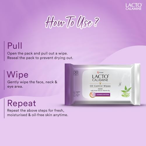 Image of Lacto Calamine Oil Control Face Wipes 30N each- Pack of 9 | Makeup Remover Wipes | Wet Tissue for Face With Neem, Aloe Vera & Niacinamide | Wet Wipes for Women & Men | Pararben & Alcohol Free