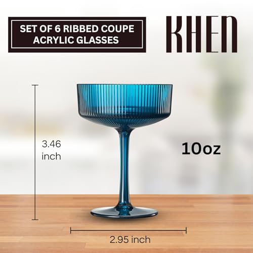 Khen Retro Acrylic Ribbed Glasses, Set of 6, 10oz Multicolor Shatterproof Stemware Coupe Tumblers Martini Champagne Cocktail Dessert Drinkware, Poolside Wedding Brunch Party Entertaining Gift by Khen - Used condition - Image 2