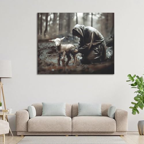 Image of GUN SUPPLIES OUTLET LLC Jesus and Lamb Canvas Wall Art Jesus Rescues Lost Lamb Picture Wall Art Canvas Print Christian Home Decor 12x16 inch