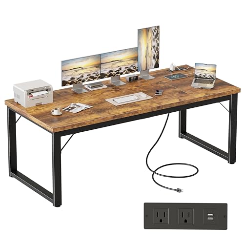 Image of Mericonia 63x28 Inch Computer Desk w /Power Outlets, 1.2 inch Thick Office Table | Modern Simple Style, Heavy Duty Industrial Frame, Large Study & Writing Table for Home Bedroom Work, Brown