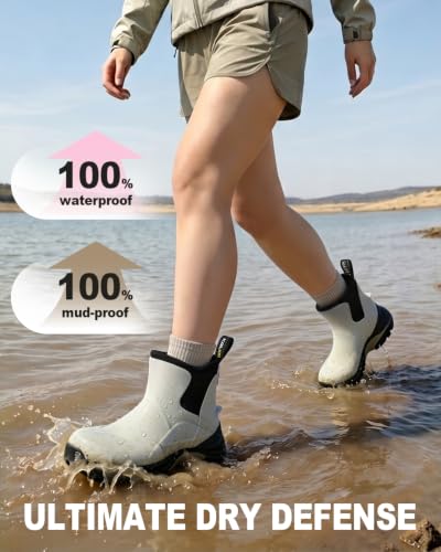 Image of Kalkal Women's Rubber Boots Waterproof Fishing Deck Boots with Shock Absorption Sports Sole, Ankle Rain Mud Boots for Outdoor Garden Chore