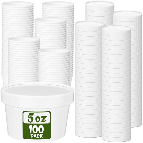 Image of Fulmoon 5 oz 100 Pack Paper Containers with Lids Soup Bowl Cup, White