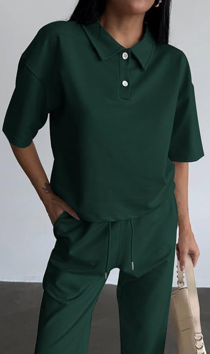 HipGlamp Women's Casual 2 Piece Athleisure Set Short Sleeve Polo Top Jogger Pants Loose Fit for Lounge Travel - Image 6