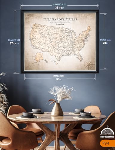 Image of IPIC - Custom USA Map Canvas Wall Art, Personalized Artwork with Names and Message on, Framed Large Travel Map for Home, Office, or Study, Push in Board Decor for Travel Lovers