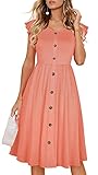 Lamilus Women's Casual Summer Dresses 2025 Ruffle Sleeves V-Neck Button Down Midi Swing Party Dress with Pockets (Large,Coral-026)