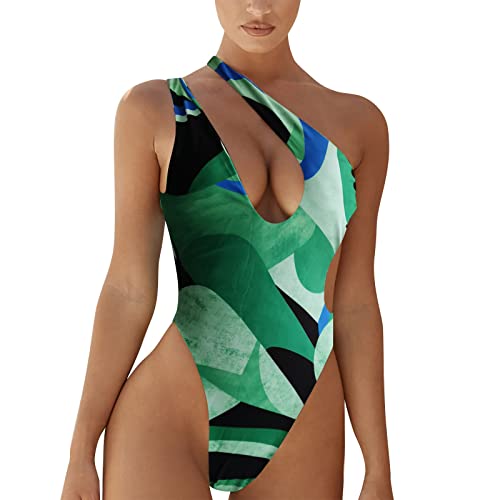 Bañadores Mujer Reductores Psh Up Traje de Baño Traje de baño Sexy un Hombro sin Mangas con Estampado Multicolor para Mujer Bikini Bañador Natacion Bañadores (Green, M)