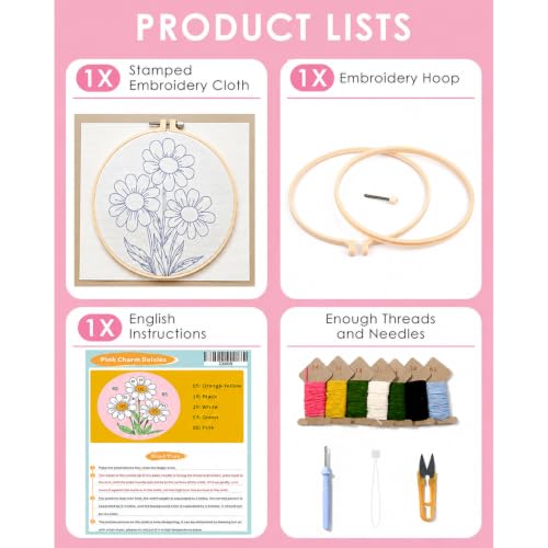 Image of Punch Needle Kit for Beginners Adults-Flower Daisy,with Video Tutorial | Punch Needle Kits Adults Beginner,HD Pre-Printed Fabrics,with Embroidery Hoop,Stress Relief Craft,DIY Great Gift,7.8x7.8In