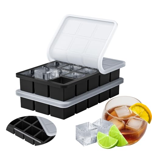 Lot de 2 bacs à glaçons légers en silicone avec cadre en métal, 15 x 2 glaçons carrés de 3,3 cm pour whisky, cocktail, avec couvercle souple