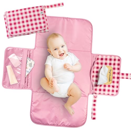 Image of Tiny Twinkle Portable Diaper Changing Pad | Waterproof, Wipeable & Compact Baby Changing Pad for Travel | Smart Wipes Pocket & Organized Storage| Newborn Shower Gift (Raspberry Gingham)