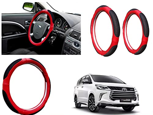 Image of Microfiber Car Steering Wheel Cover, Soft Padding Great Hand Feel, Anti-Slip, Faux Leather Steering Cover for Toyota Innova Crysta 2019 | Black Red Jali - Pack of 1