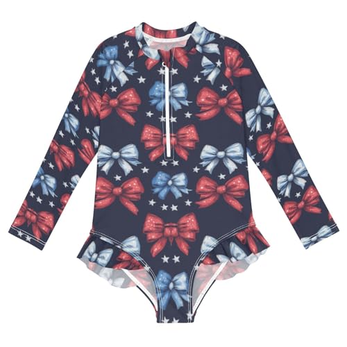 CaTaKu Girls One Piece Swimsuit Bows 4th Ofjuly Toddler Bathing Suit Long Sleeve UPF 50+ Rash Guard Swimwear 3-12Y