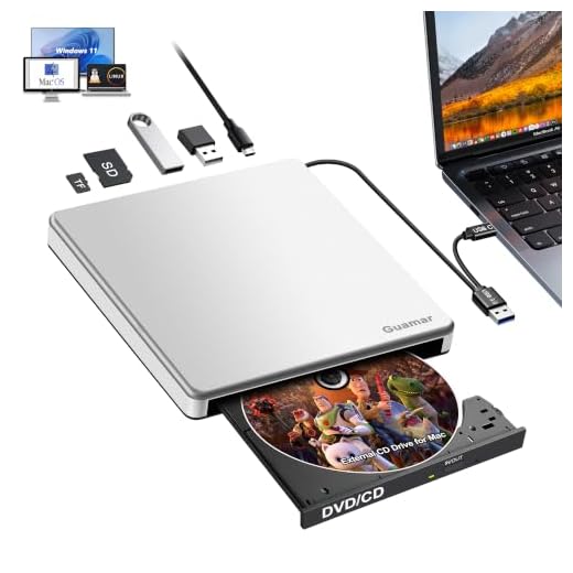 Guamar External CD Drive for Mac: Portable DVD Burner Player for Laptop PC Windows 11 with SD/TF Slot 2 USB Ports - USB-C Superdrive for Apple MacBook Plug & Play (Silver)