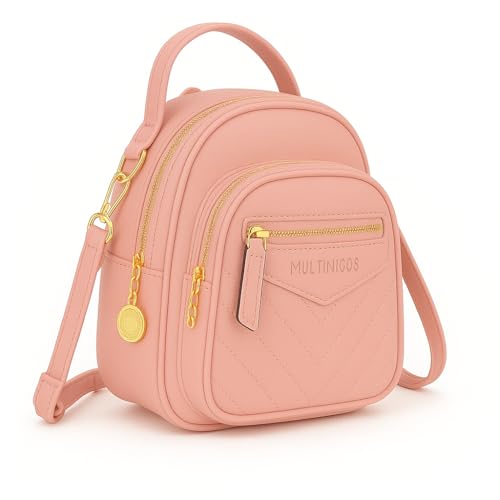Mini Mochila Feminina em Couro Sintético com Alça Transversal e Detalhes Dourados (Rosa)