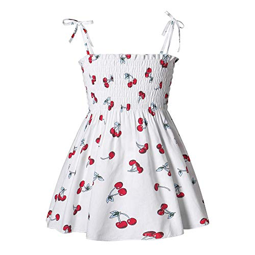 Toddler Baby Girl Wedding Tea Party Gown Sling Floral Print Pleated Ruffle Tulle Dress Princess Tutu Dress (White-Cherries, 3-4 Years)
