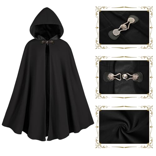 rumnigh Mittelalter Mantel mit Kapuze Samt Karneval Party Halloween Umhang Kostüm Erwachsene Unisex Damen Herren (Schwarz)