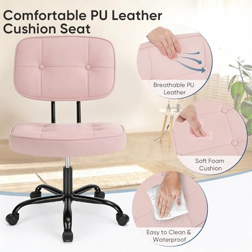 Image of DUMOS Home Office Desk Chair - Ergonomic Armless PU Leather Computer Rolling Task Chair,with Comfy Lumbar Support and Height Adjustable, Vanity, Bedroom, Living Room, Pink