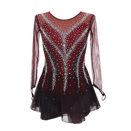 Kmarouse Competition Figure Skating Dress, Artisan Crafted Long Sleeve with Rhinestones Performance Wear for Women Girls(4X-Large) Red