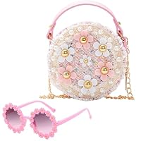 Cute Toddler Little Girls Round Crossbody Bag with Sunglasses Embellished with Pearl & Flower Mini Princess Style Handbag (Pink)
