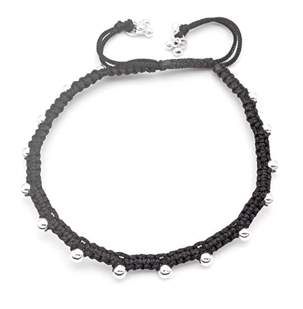 MANMORA TRENDY SILVER SHADED GHUNGROO BEADS WITH BLACK THREAD ANKLET