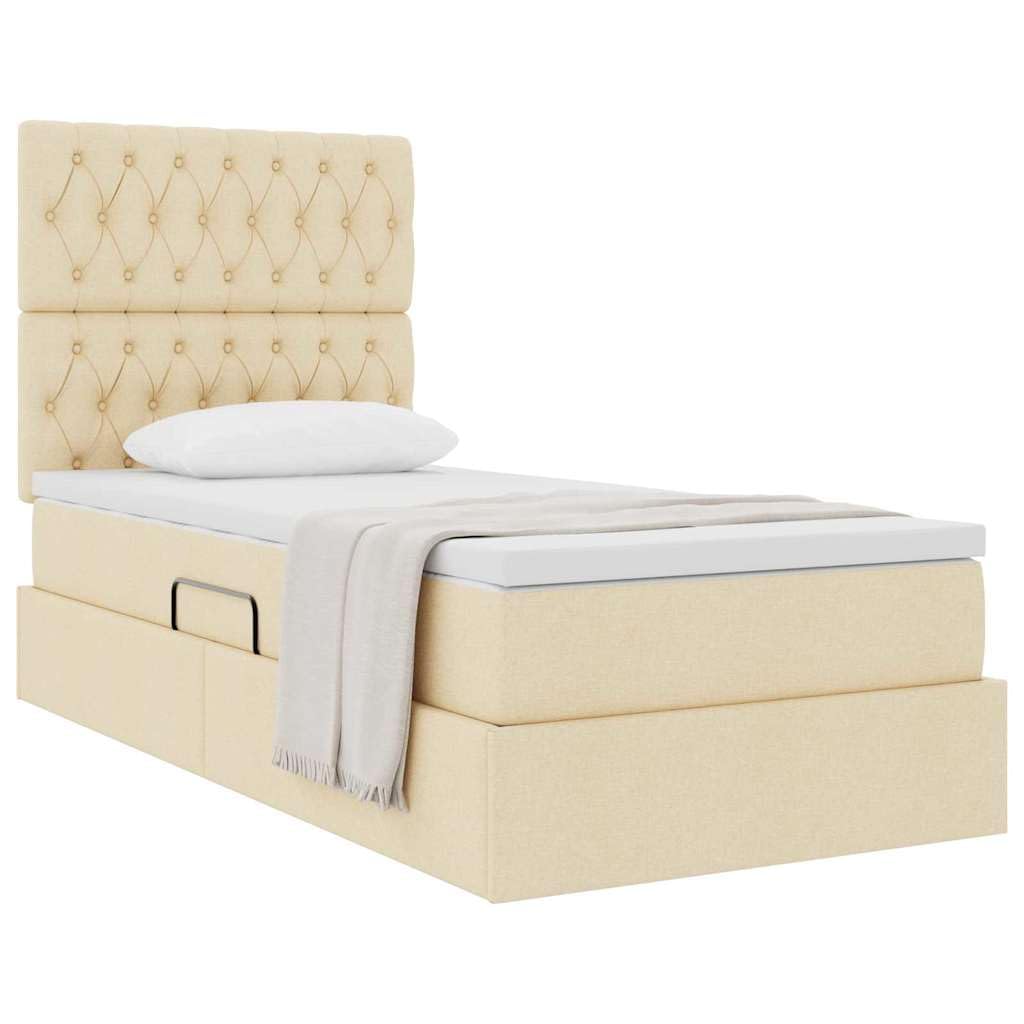 Cama de piel sintética con espacio de almacenamiento, cama elevadora lateral 90 x 190 cm, color crema, poliéster, incluye colchón y mecanismo de elevación hidráulica, altura de la cama de 48,5