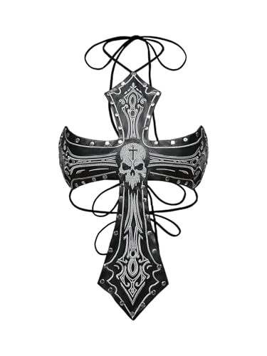 WDIRARA Women's Goth Cross Halter Tops Skull Pattern Sleeveless Grunge Punk Faux Leather Backless Crop Top