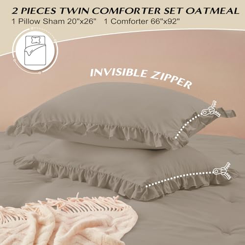 Image of HARBOREST Twin Comforter Set Oatmeal - Ruffle Comforter for Twin Size Bed, Fluffy Twin Size Comforter Set for All Seasons, 2 Pieces Shabby Chic Bedding Comforter Sets(1 Comforter & 1 Pillow Sham)
