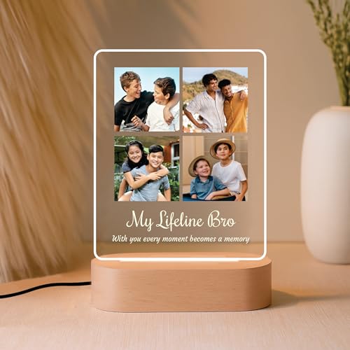 Image of Giftplease Personalized Brother Gift Photo Night Light - Custom Acrylic Picture Frame Plaque with Photos & Wooden LED Base, Brother Custom Desk Lamp, Meaningful Birthday, Rakhi Gifts for Brother