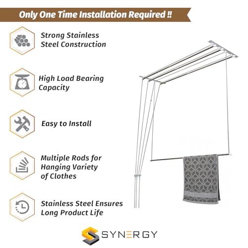 Image of Synergy - 4 Pipes x 8 Feet - Heavy Duty - Stainless Steel Ceiling Cloth Dryer for Balcony | Cloth Drying Rope with Pulley | Cloth Hanging Stand | Clothes Drying Stand Wall Mounted - (SY-CL5-4P)
