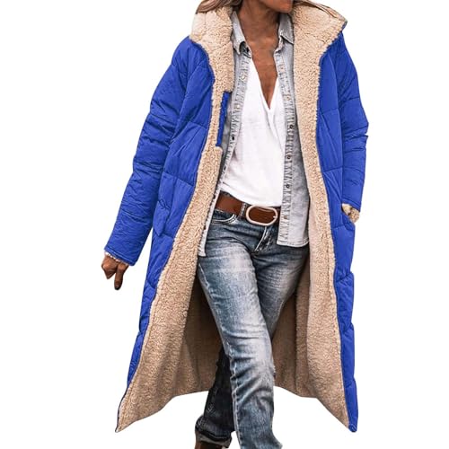 YCBMINGCAN Abrigo largo de invierno para mujer con capucha, abrigo reversible con forro de peluche y abrigo acolchado lateral, abrigo de felpa cálido, chaqueta de entretiempo forrada para otoño e