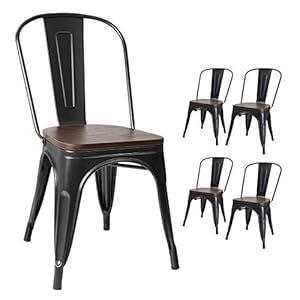 Victone metal dining chair with wood seat indoor outdoor use chic dining bistro cafe side bar chair coffee chair set of 4 black  urban country home decor
