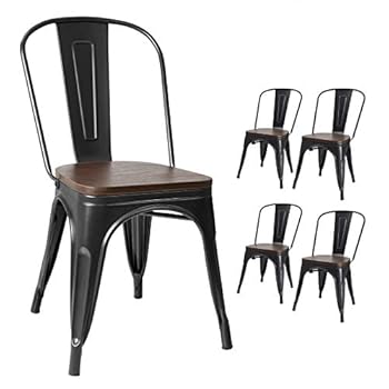 Alternative view of VICTONE Metal Dining Chair with Wood Top/Seat Indoor-Outdoor Use Chic Dining Bistro Cafe Side Bar Chair Coffee Chair Set of 4 Black