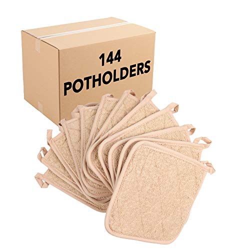 Arkwright Pot Holders for Kitchen - Heat Resistant Square Hot Pads Bulk Case of 144, Professional Grade Washable Cotton Coaster for Oven, Cooking and Baking, 7 x 7 in, Tan - Best Pot Holders