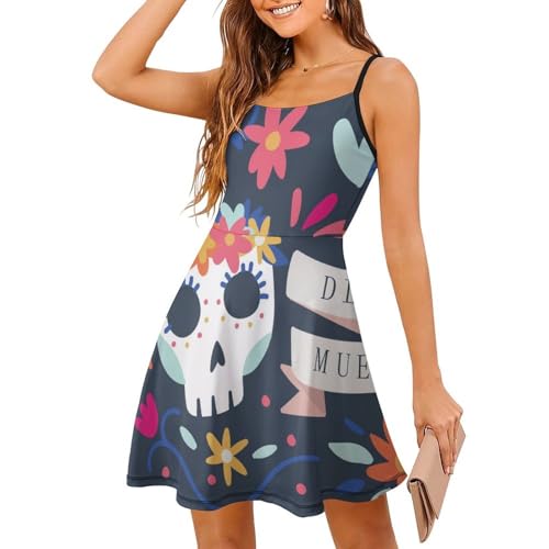 Robe à bretelles spaghetti motif squelette avec jupe courte fluide