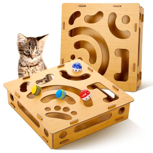 Cosblank Cat Ball Track: Wooden Scratcher Cat Toy with Jingly Ball for Bored Indoor Play
