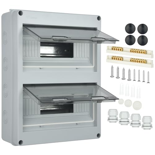 Sicherungskasten Aufputz, Verteiler IP65-2 Reihig-24 Module, Mit Messingklemmen 4 Steckverbinder, Geeignet für Gärten im Freien, Bauernhöfe, Ladesäulen, Feuchtraum, Außenbereich