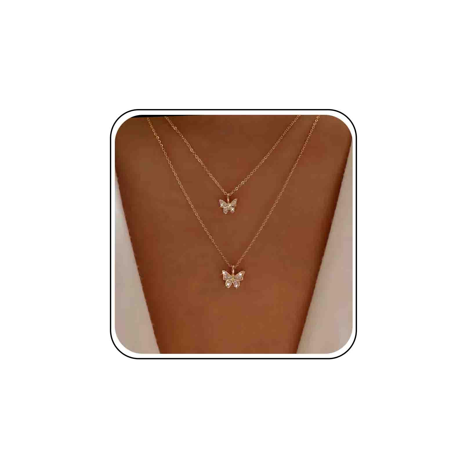 Zeshimb Boho Layered Butterfly Necklace - Blue Crystal Teardrop Pendant, Dainty CZ Chain Jewelry For Women