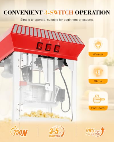 Image of Large Popcorn Machine with Cart: 12 Oz Vintage Commercial Popcorn with Foldable Stand Makes Up to 48 Cups, 3 Serving Cups, Measuring Cups & a Scoop for Home Party Office, Matte Red