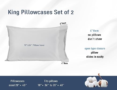 Pillow Cases, King Size Cotton Percale Weave Pillowcases, Pre-Shrunk Breathable and Hypoallergenic Pillowcases, Set of 2 (2 Piece King 20 Inch x 40 Inch, Light Gray)